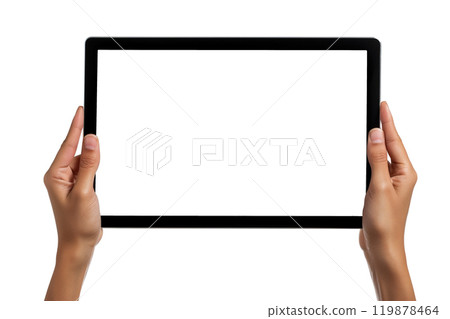Hands holding a tablet pc with blank screen isolated on white background 119878464
