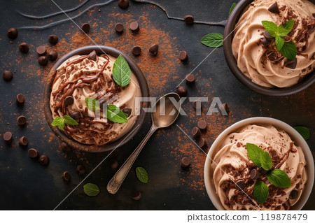 Homemade chocolate ice cream with mint and chocolate on a dark background 119878479