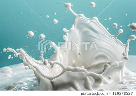 Splash of milk on a blue background. Natural product, advertising photo. 119878527