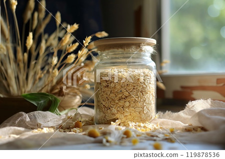 Oat flakes in a glass jar on the background of a window 119878536