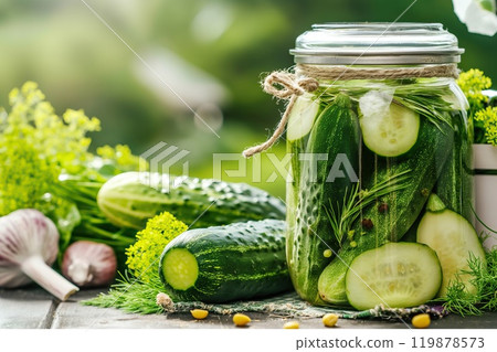 Homemade pickled cucumbers with dill, garlic and parsley in a glass jar 119878573