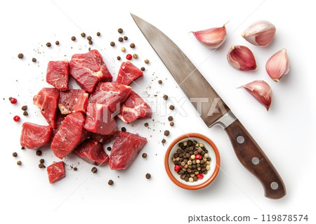 Fresh pieces of steak, herbs, black pepper and knife isolated on white background, top view 119878574