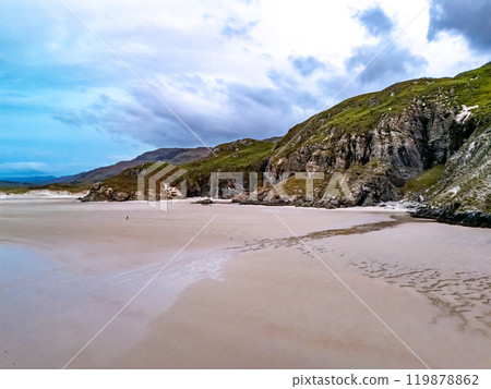 Aerial view of the beach and caves at Maghera Beach near Ardara, County Donegal - Ireland. Aerial view of the beach and caves at Maghera Beach near Ardara, County Donegal - Ireland. 119878862