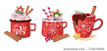 Christmas hot beverage cups. Festive mugs with hot cocoa with marshmallow and cinnamon sticks decor, xmas hot drink cups flat vector illustration set. Winter holiday drinks 119878908