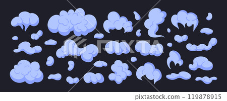 Dust clouds. Comic book little smoke puff stream clouds, cloud puffs silhouettes flat vector illustration set. Cartoon tiny smoke clouds Dust clouds. Comic book little smoke puff stream clouds, cloud puffs silhouettes flat vector illustration set. Cartoon tiny smoke clouds 119878915