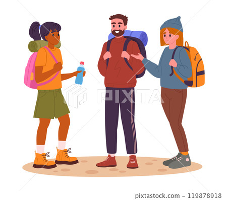 Hiking active tourist. Characters in outdoor adventure, folks on hike, trekking and backpacking activity flat vector illustration. People hiking on trail 119878918