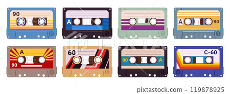 Retro audio cassettes. Cartoon 80s stereo tape cassettes, vintage tape records, 90s music audio cassette flat vector illustration set. Old school analogue tapes 119878925