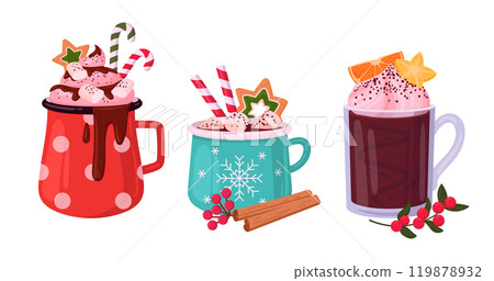 Winter holidays drinks. Christmas hot beverage cups, festive mugs with hot cocoa with marshmallow and cinnamon sticks decor flat vector illustration set. Xmas hot drink cups on white 119878932