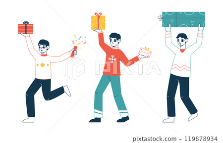 Xmas characters carrying xmas gifts boxes. Festive people with Christmas gifts, holidays gifts flat vector illustration. Happy folks with presents 119878934
