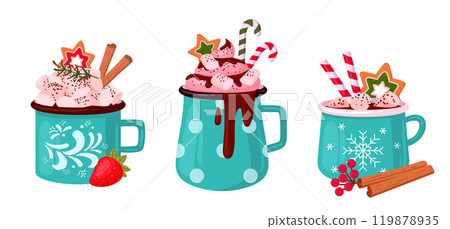 Xmas hot beverage cups. Christmas hot drink cups, festive mugs with hot cocoa with marshmallow and cinnamon sticks decor flat vector illustration set. Winter holiday drinks 119878935