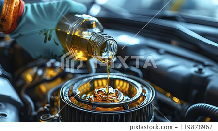 A person is carefully pouring oil into the engine of a car 119878962