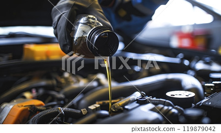 A person is carefully pouring oil into the engine of a car 119879042