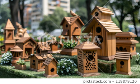 Handcrafted Wooden Birdhouses Displayed in Lush Garden Setting 119879120