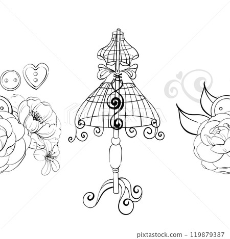 Vintage mannequin with floral arrangement - roses and anemone. Old fashion, dressmaker seamless pattern, border. Romantic and elegance sewing background and tailor for postcards. Graphic vector line 119879387