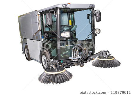 Advanced Street Sweeper Machine with Rotating Brushes for Urban Cleaning, Isolated on White Background, Efficient Cleaning Concept Advanced Street Sweeper Machine with Rotating Brushes for Urban Cleaning, Isolated on White Background, Efficient Cleaning Concept 119879611