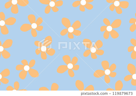 Floral seamless horizontal background. Orange flower on blue background. Flat pattern design for banner, fabric print, decoration, wallpaper. Floral seamless horizontal background. Orange flower on blue background. Flat pattern design for banner, fabric print, decoration, wallpaper. 119879673