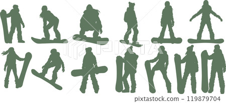 Silhouette illustration set of a woman snowboarding on a snowy mountain in winter 119879704