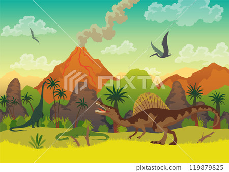 Prehistoric landscape - volcano with smoke, mountains, dinosaurs and green vegetation. Vector illustration of beautiful prehistoric landscape and dinosaurs 119879825