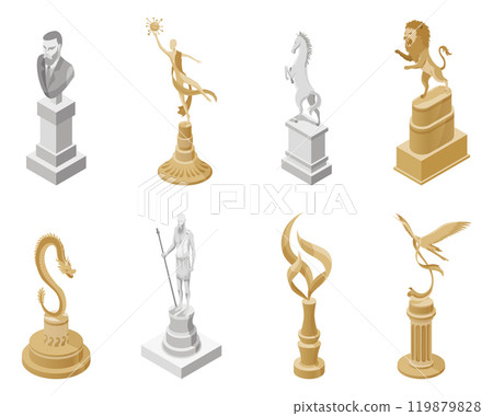Monument icons isometric collection. Symbol of monumental art. Famous national memorial on white background. Vector cartoon illustration 119879828