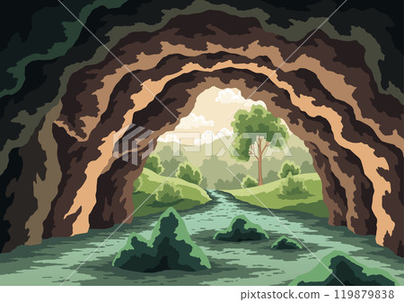 Cave river landscape. Underground rocky cave with water and forest outside. Cartoon with view through entrance. Exit from cave. Vector cartoon illustration of empty stone cavern 119879838
