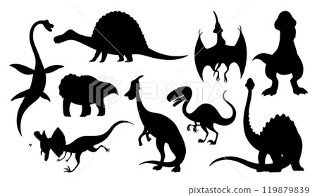 Cartoon dinosaur babies silhouettes set. Dino monsters icons. Prehistoric funny little monster for children theme. Vector illustration isolated on white 119879839