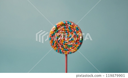 multi-colored candy on a stick on a blue background 119879901