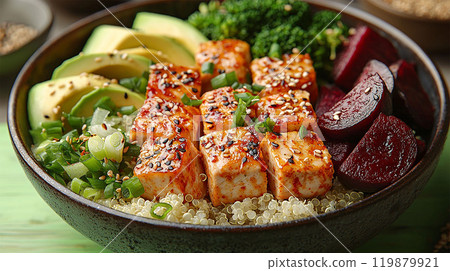 Gourmet dinner with Baked turkey cubes, broccoli, beetroot and quinoaGourmet dinner with Baked turkey cubes, broccoli, beetroot and quinoa 119879921