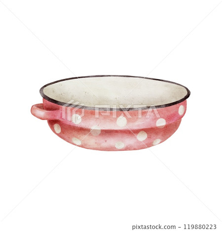 Farm red pot, with white polka dots watercolor illustration. Drawn in a childish style for printing on packages, labels, tags. 119880223