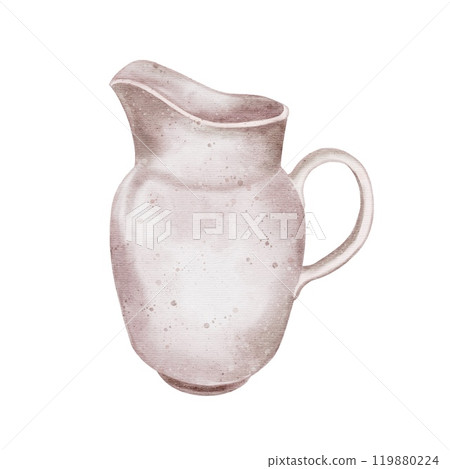 Rustic light milk jug, flower vase or water carafe on white. Watercolor illustration of farm elements in kids style. Rustic light milk jug, flower vase or water carafe on white. Watercolor illustration of farm elements in kids style. 119880224