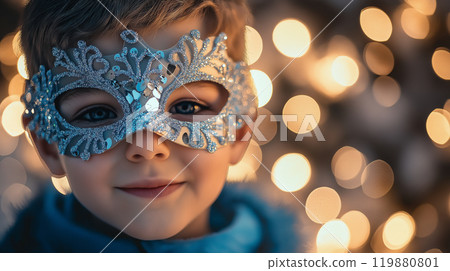 Festive Portrait of Young Boy in Christmas-Themed Mask with Reindeer Accents, Gold Sparkle, and Warm Holiday Lighting for a Playful Holiday Look 119880801