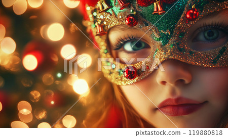 Charming Close-Up Portrait of a Young Girl in a Festive Christmas Mask with Red and Green Glitter, Miniature Bells, and Excited Expression Against Warm Holiday Lights 119880818