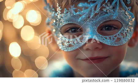 Close-up Portrait of a Smiling Young Boy in a Winter-Themed Mask with Snowflake Patterns, Blue and Silver Hues, Celebrating Holiday Joy and Wonder in Warm Lighting Close-up Portrait of a Smiling Young Boy in a Winter-Themed Mask with Snowflake Patterns, Blue and Silver Hues, Celebrating Holiday Joy and Wonder in Warm Lighting 119880832