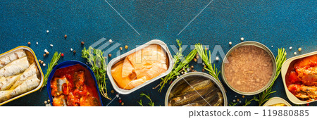 A top view of open tin cans with canned salmon, mackerel, sprat, sardine, tuna, herring, and fish pate, surrounded by spices and herbs on a blue background, banner A top view of open tin cans with canned salmon, mackerel, sprat, sardine, tuna, herring, and fish pate, surrounded by spices and herbs on a blue background, banner 119880885