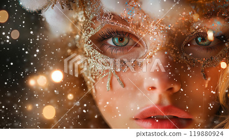 Elegant Close-Up Portrait of a Mysterious Woman with Blue Eyes in an Intricate Gold Mask, Dramatic Lighting, and Enigmatic Expression 119880924