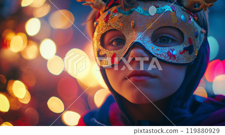 Adorable Child in Festive Mask with Colorful Christmas Decorations, Bokeh Lights, and Playful Expression for Holiday Season Magic Adorable Child in Festive Mask with Colorful Christmas Decorations, Bokeh Lights, and Playful Expression for Holiday Season Magic 119880929
