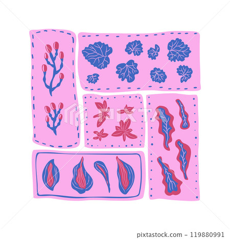 Stylized leaves, berry and plants emblem. Hosta, geranium and various floral elements. Vibrant organic shapes in square segment. Vector hand drawn flat illustration. 119880991