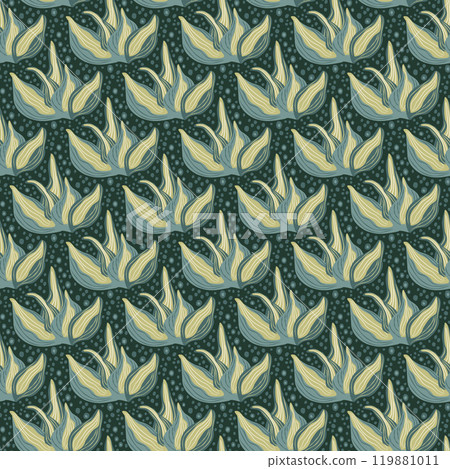Hosta foliage floating endless background. Stylized leaves with dark green background seamless pattern. Surface pattern design secret garden motif. Vector hand drawn illustration. 119881011