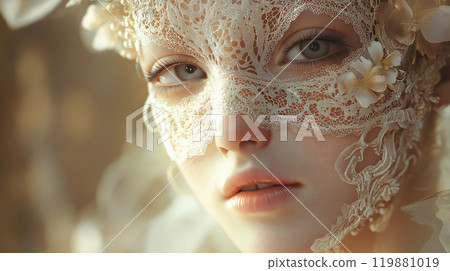 Delicate Portrait of a Woman in Floral Lace Mask with Gentle Glow, Soft Lighting Emphasizing Intricate Lace Details and Serene Expression Against Blurred Background 119881019
