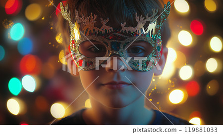 Adorable Child in Festive Mask with Colorful Christmas Decorations, Bokeh Lights, and Playful Expression for Holiday Season Magic 119881033