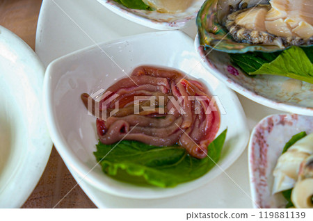 Korea seafood. Spoon Worm sashimi 119881139