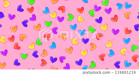 Pink glaze with rainbow heart shape sprinkles as a seamless pattern 119881219