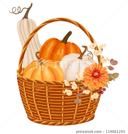 A vibrant autumn-themed vector illustration of a wicker basket filled with pumpkins, flowers, and foliage. 119881293