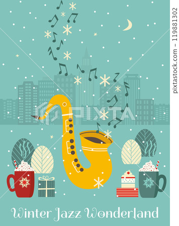 Winter Jazz Wonderland fancy festive vector poster. Saxophone Live Music cute hand drawn minimal design element illustration. Christmas season Holiday celebration, live concert performance background 119881302