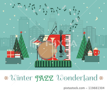 Winter Jazz Wonderland fancy festive vector poster. Saxophone Live Music cute hand drawn minimal design element illustration. Christmas season Holiday celebration, live concert performance background 119881304