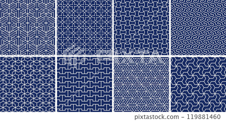 Collection of blue seamless ornamental vector patterns. Color oriental symmetry backgrounds. Geometric tile mosaic design. Grid textures - decorative outline prints Collection of blue seamless ornamental vector patterns. Color oriental symmetry backgrounds. Geometric tile mosaic design. Grid textures - decorative outline prints 119881460