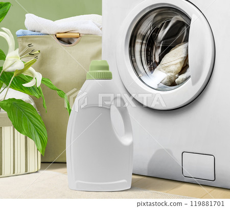 A bottle of modern natural detergent near the washing machine in 119881701