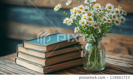 A stack of vintage books on an old wooden table, with wildflowers in a vase next to it. 119881723