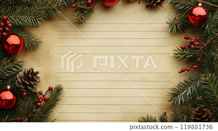 An empty letter paper with Christmas decorations around. 119881736