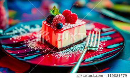 Panna cotta cake with red fresh berries and a fork. Cheesecake slice with raspberries on a plate on a table in cafe, restaurant. Sweet delicious food. This is AI-generated item 119881779