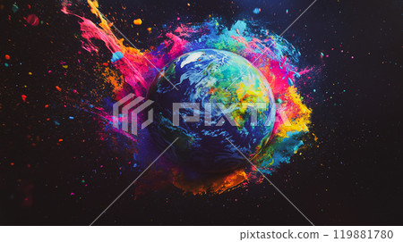 A colorful planet Earth in a splash of colorful paint on a dark background. Creative world of art. Splashing explosion of bright paints. Cosmic sky. This is AI-generated item 119881780